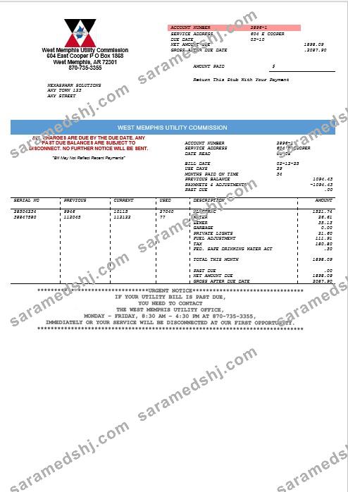 USA West Memphis business utility commission utility bill Word and PDF template